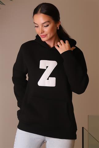 KAPÜŞONLU UZUN KOLLU SİYAH KADIN SWEATSHİRT  3056-2K4