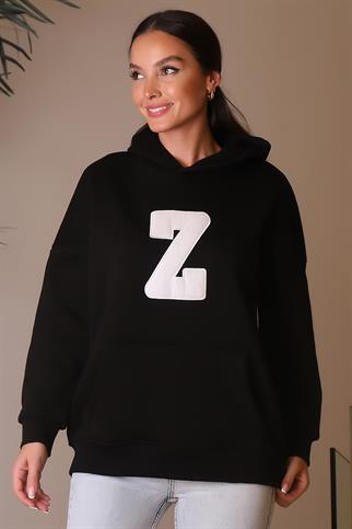 KAPÜŞONLU UZUN KOLLU SİYAH KADIN SWEATSHİRT  3056-2K4