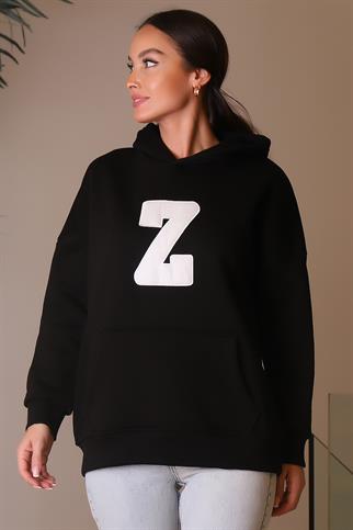 KAPÜŞONLU UZUN KOLLU SİYAH KADIN SWEATSHİRT  3056-2K4