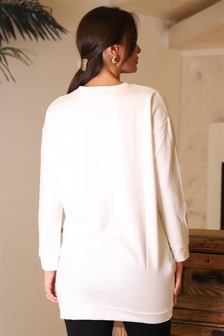BİSİKLET YAKA UZUN KOLLU EKRU KADIN TUNİK  3088-2K5