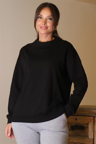 BİSİKLET YAKA SİYAH KADIN SWEATSHİRT 3089-2K5