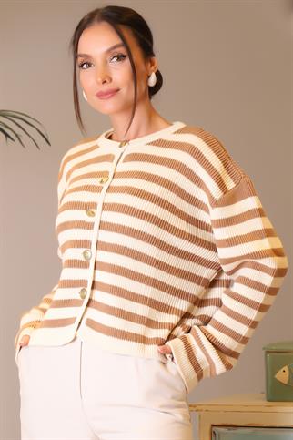 SIFIR YAKA ÇİZGİLİ CAMEL EKRU KADIN HIRKA 5181-2K4