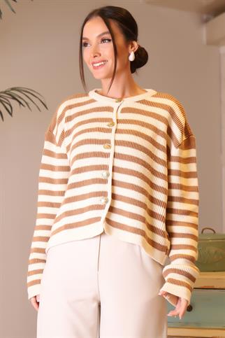 SIFIR YAKA ÇİZGİLİ CAMEL EKRU KADIN HIRKA 5181-2K4