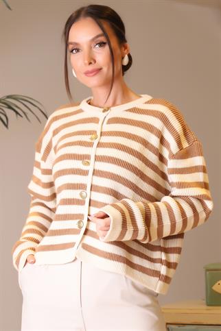 SIFIR YAKA ÇİZGİLİ CAMEL EKRU KADIN HIRKA 5181-2K4