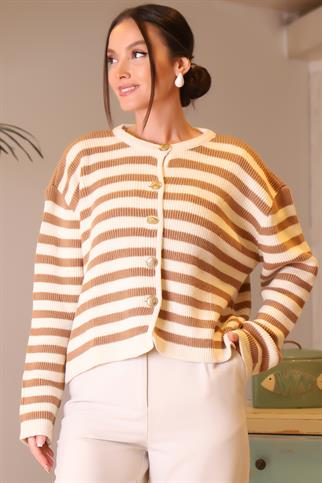 SIFIR YAKA ÇİZGİLİ CAMEL EKRU KADIN HIRKA 5181-2K4