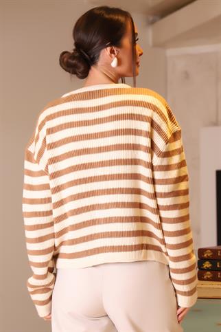 SIFIR YAKA ÇİZGİLİ CAMEL EKRU KADIN HIRKA 5181-2K4