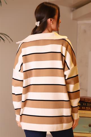 GENİŞ YAKA CAMEL BEJ KADIN TRİKO KAZAK 5210-2K4
