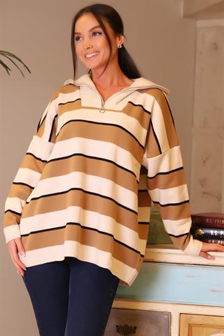 GENİŞ YAKA CAMEL BEJ KADIN TRİKO KAZAK 5210-2K4