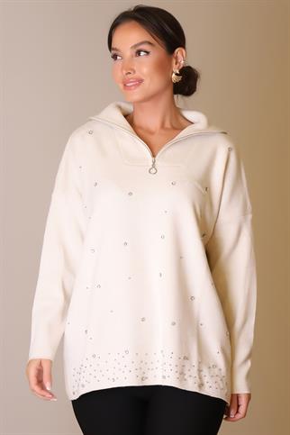 YAKASI FERMUARLI UZUN KOLLU TAŞ KADIN KAZAK 5219-2K5