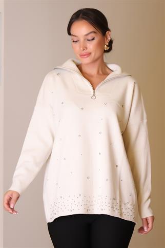 YAKASI FERMUARLI UZUN KOLLU TAŞ KADIN KAZAK 5219-2K5