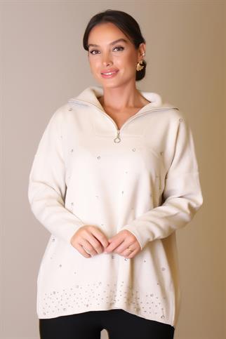 YAKASI FERMUARLI UZUN KOLLU TAŞ KADIN KAZAK 5219-2K5