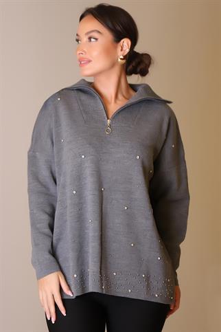 YAKASI FERMUARLI UZUN KOLLU GRİ KADIN KAZAK 5219-2K5