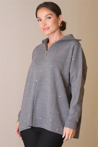 YAKASI FERMUARLI UZUN KOLLU GRİ KADIN KAZAK 5219-2K5