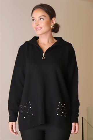 CEPLERİ TAŞ İŞLEMELİ SİYAH KADIN KAZAK 5220-2K5