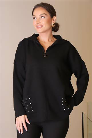 CEPLERİ TAŞ İŞLEMELİ SİYAH KADIN KAZAK 5220-2K5