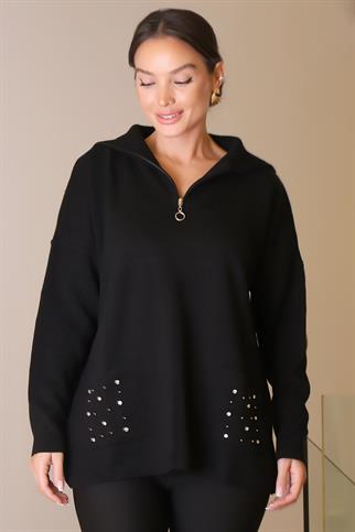 CEPLERİ TAŞ İŞLEMELİ SİYAH KADIN KAZAK 5220-2K5