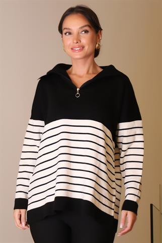 YAKASI FERMUARLI UZUN KOLLU SİYAH  KADIN KAZAK 5221-2K5