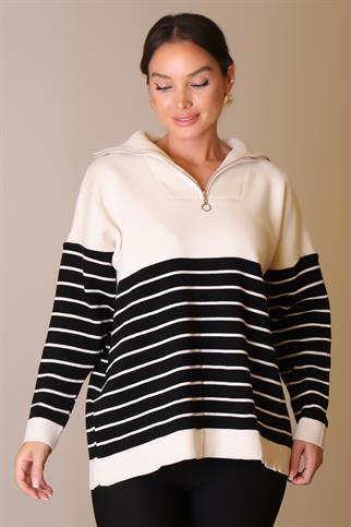 YAKASI FERMUARLI UZUN KOLLU TAŞ KADIN KAZAK 5221-2K5