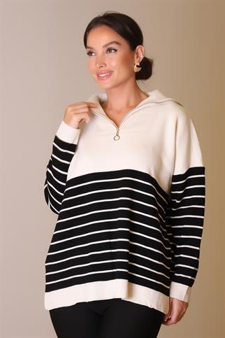 YAKASI FERMUARLI UZUN KOLLU TAŞ KADIN KAZAK 5221-2K5