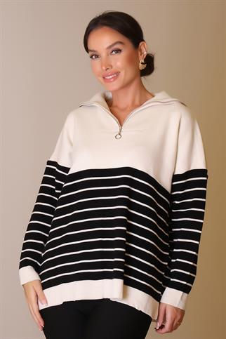 YAKASI FERMUARLI UZUN KOLLU TAŞ KADIN KAZAK 5221-2K5