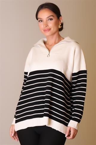 YAKASI FERMUARLI UZUN KOLLU TAŞ KADIN KAZAK 5221-2K5