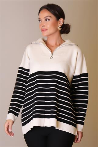 YAKASI FERMUARLI UZUN KOLLU TAŞ KADIN KAZAK 5221-2K5