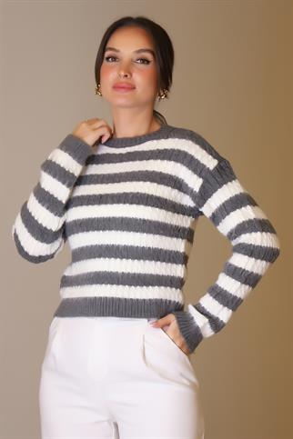 SIFIR YAKA ÇİZGİLİ SİYAH EKRU KADIN TRİKO KAZAK 5560-2K5