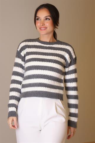 SIFIR YAKA ÇİZGİLİ SİYAH EKRU KADIN TRİKO KAZAK 5560-2K5