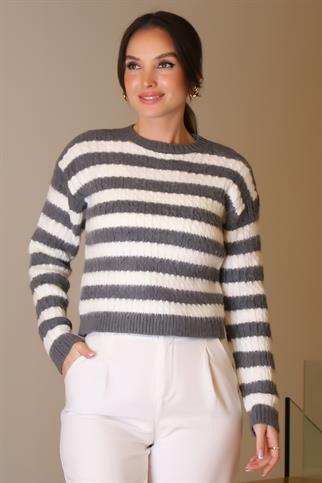 SIFIR YAKA ÇİZGİLİ SİYAH EKRU KADIN TRİKO KAZAK 5560-2K5