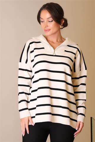 ÇİZGİLİ UZUN KOLLU TAŞ KADIN KAZAK  6081-2K5