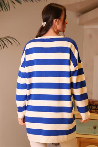 BİSİKLET YAKA ÇİZGİLİ SAKS KADIN KAZAK 6095-2K4