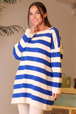 BİSİKLET YAKA ÇİZGİLİ SAKS KADIN KAZAK 6095-2K4