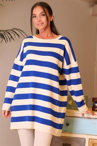 BİSİKLET YAKA ÇİZGİLİ SAKS KADIN KAZAK 6095-2K4