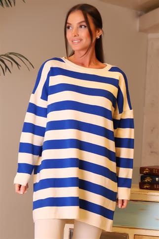 BİSİKLET YAKA ÇİZGİLİ SAKS KADIN KAZAK 6095-2K4