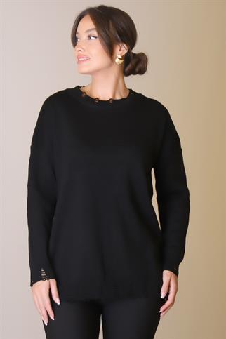 BİSİKLET YAKA UZUN KOLLU SİYAH KADIN KAZAK  6167-2K5