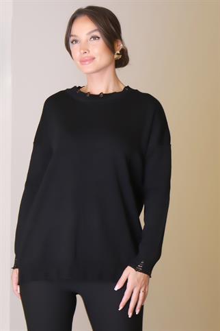 BİSİKLET YAKA UZUN KOLLU SİYAH KADIN KAZAK  6167-2K5