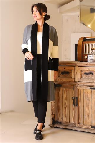 ŞAL YAKA UZUN KOLLU SİYAH KADIN HIRKA 6172-2K5