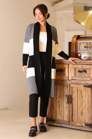 ŞAL YAKA UZUN KOLLU SİYAH KADIN HIRKA 6172-2K5