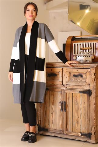 ŞAL YAKA UZUN KOLLU SİYAH KADIN HIRKA 6172-2K5