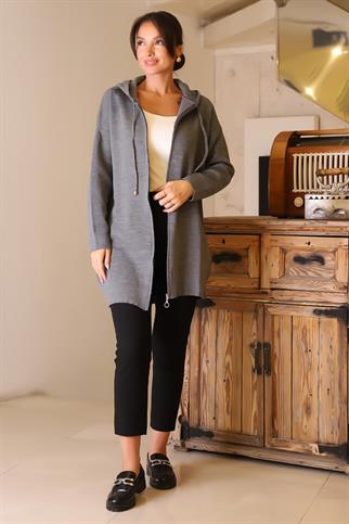 FERMUARLI KAPÜŞONLU GRİ KADIN HIRKA  6176-2K5