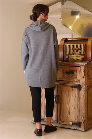 FERMUARLI KAPÜŞONLU GRİ KADIN HIRKA  6176-2K5