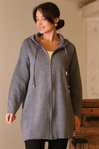 FERMUARLI KAPÜŞONLU GRİ KADIN HIRKA  6176-2K5