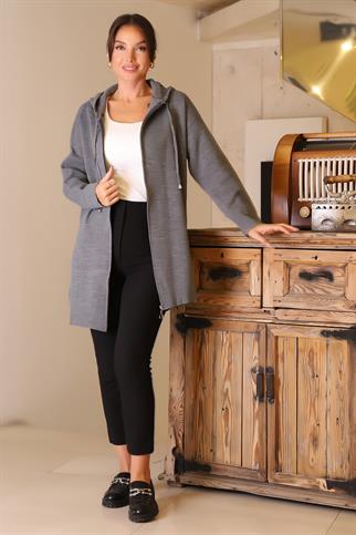 FERMUARLI KAPÜŞONLU GRİ KADIN HIRKA  6176-2K5