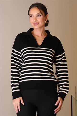 V YAKA ÇİZGİLİ UZUN KOLLU SİYAH KADIN KAZAK  6186-2K5