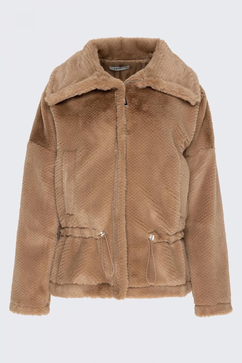 Fermuarlı Peluş Camel Kadın Mont 6065-2K4