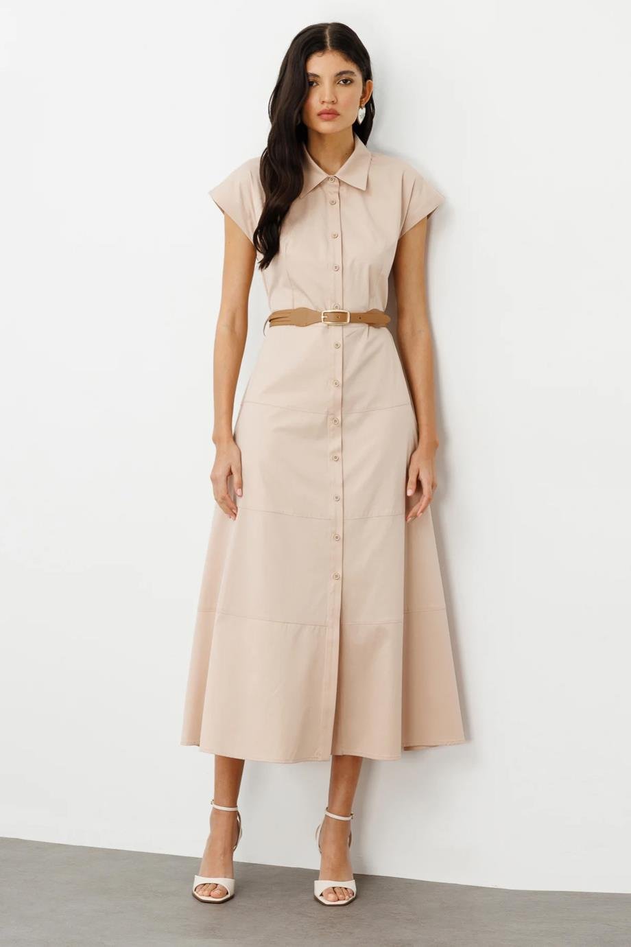 EKOLBeli Kemerli Düğmeli Bej Kadın  Elbise  5076-2Y5 