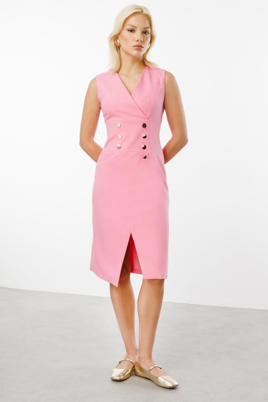 EKOLKruvaze Yaka Yırtmaçlı Pembe Kadın  Elbise 5054-2Y5