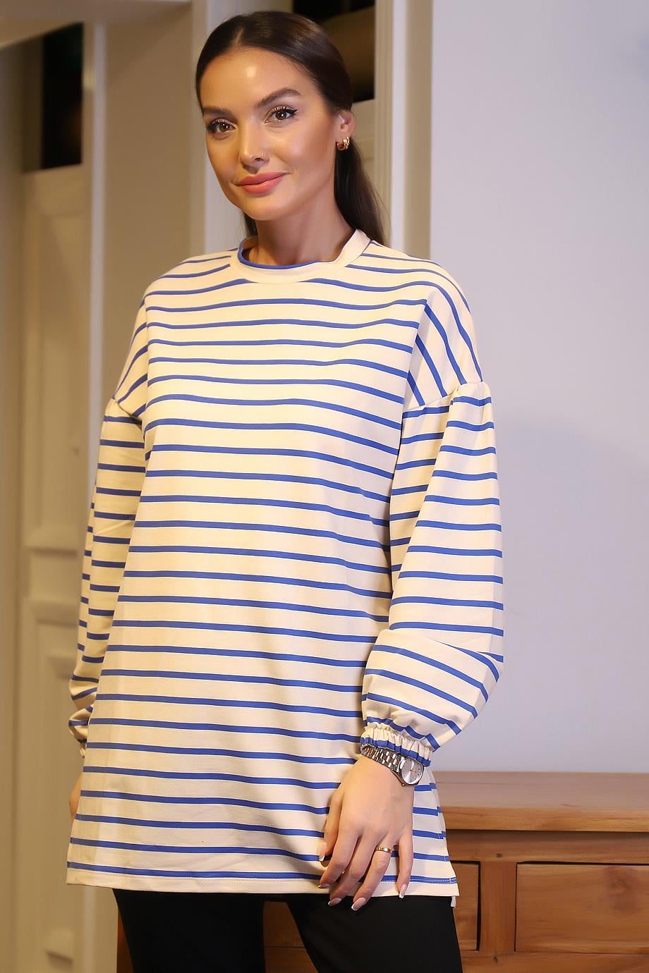 MAGAZİN6952-2K4 MAGAZİN SWEATÇİZGİLİ İNDİGO