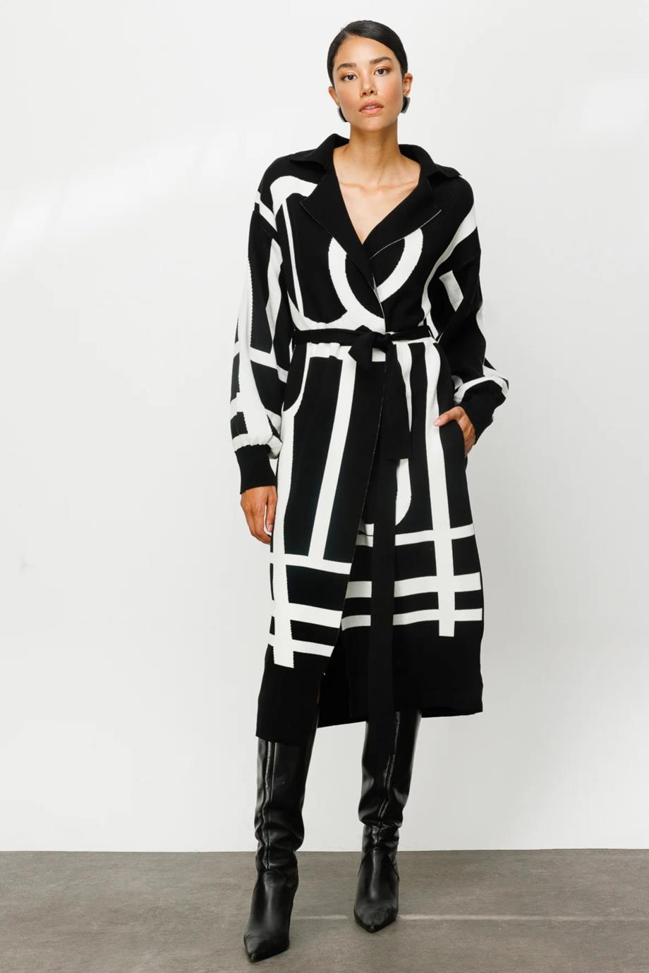 Belden Bağlamalı Desenli Siyah Uzun Triko Hırka 26905-2K4