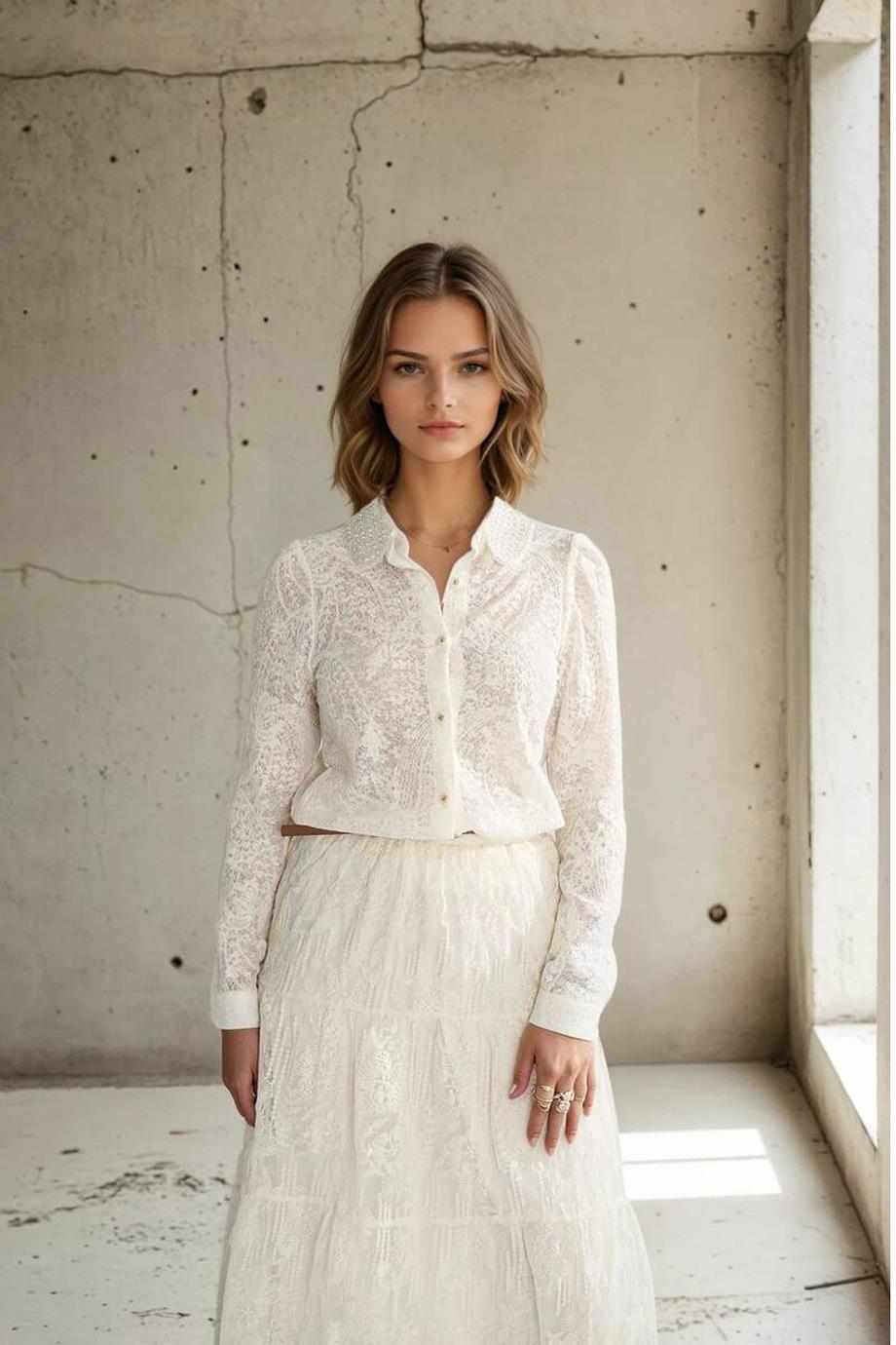 ROBİN-GEZİCİYAKASI BONCUK İŞLEMELİ NATURAL KADIN GÖMLEK   M38167-2Y5